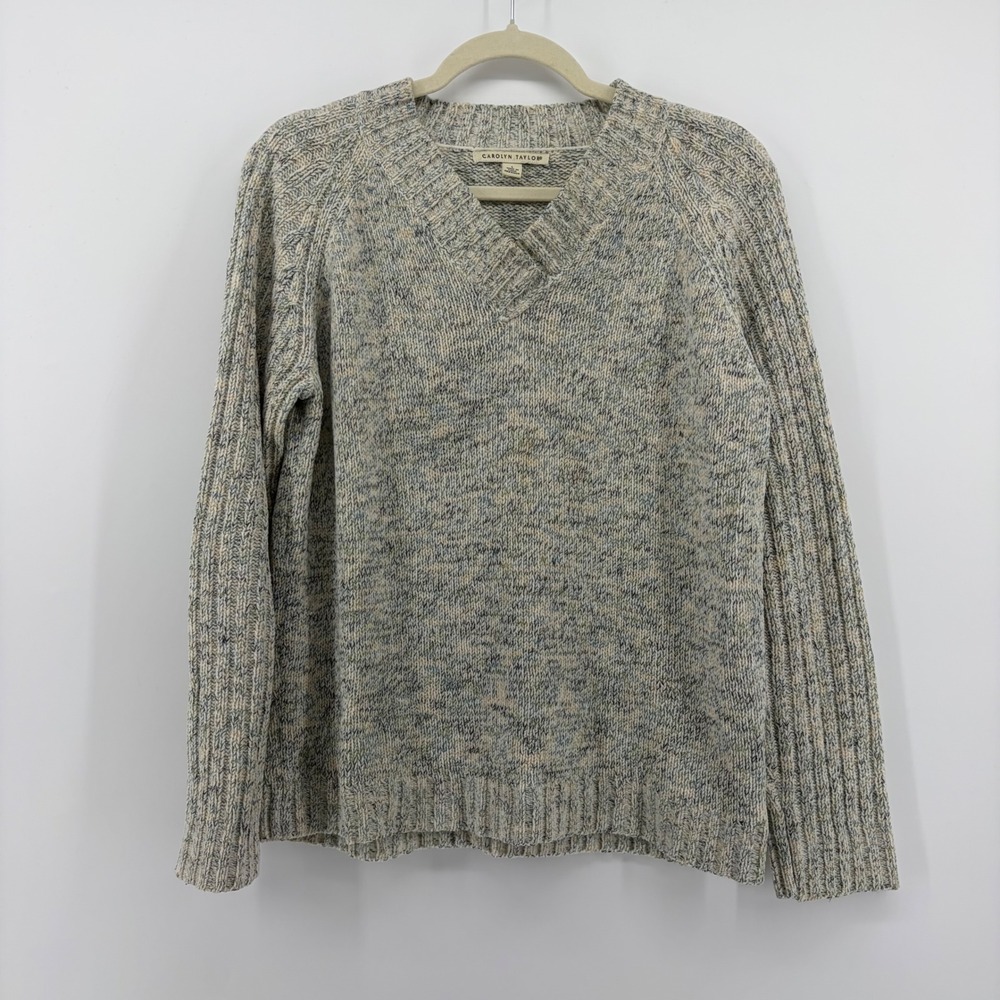 Carolyn Taylor V-Neck Sweater‎ Multicolor Women Large Marled Chunky Knit Raglan